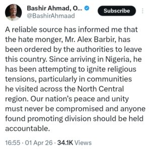 Authorities ordered Alex Barbir to leave Nigeria – Bashir Ahmad claims