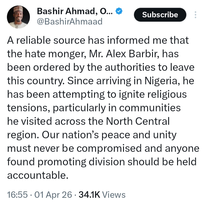 Authorities ordered Alex Barbir to leave Nigeria – Bashir Ahmad claims