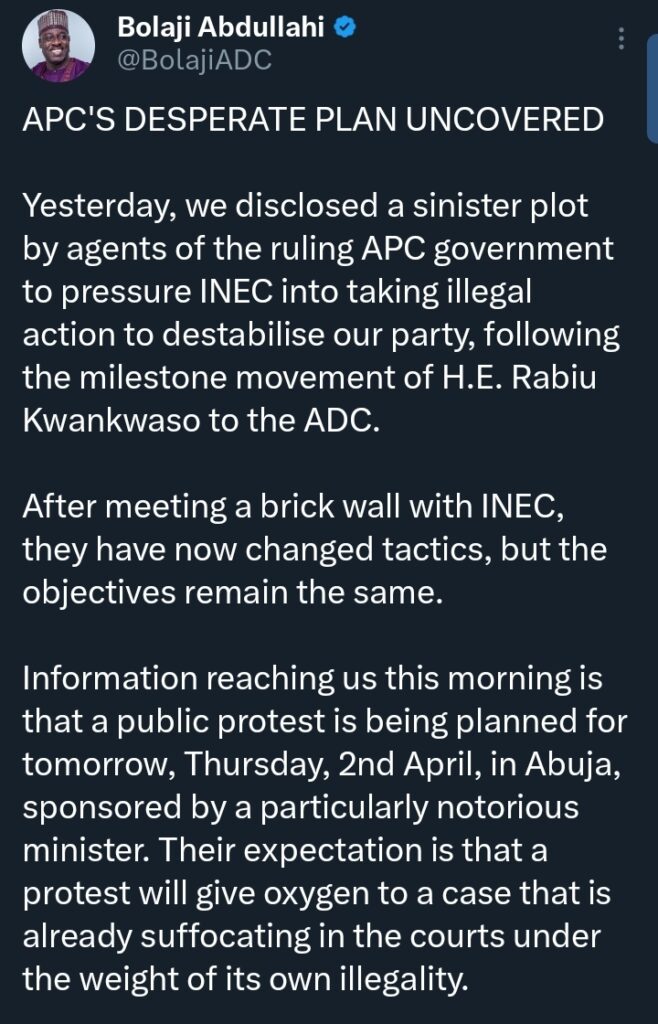 ADC alleges APC plot to destabilise party by pressure INEC into taking illegal action