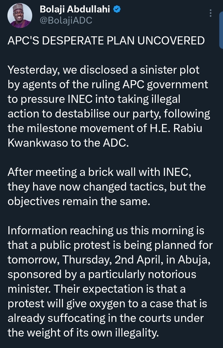 ADC alleges APC plot to destabilise party by pressure INEC into taking illegal action
