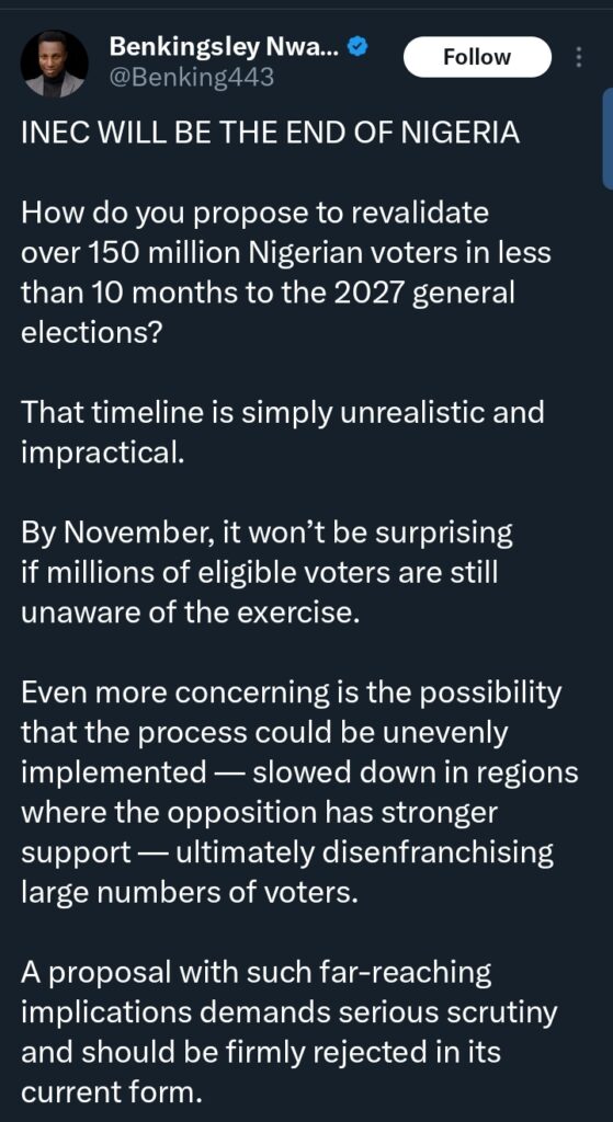 “INEC will be the end of Nigeria” — Lawyer says as INEC announces revalidation of voters