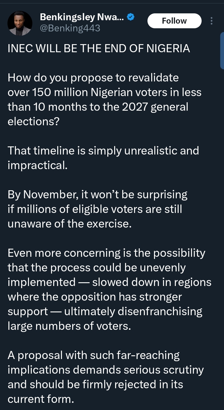 “INEC will be the end of Nigeria” — Lawyer says as INEC announces revalidation of voters